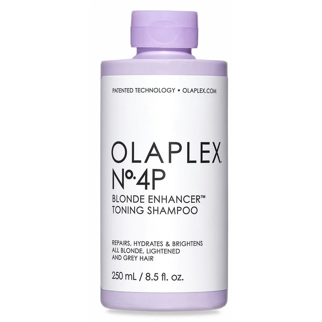 Olaplex No.4P Blonde Enhancer Toning Shampoo bottle, 250 ml size, designed for enhancing and toning blonde, lightened, and grey hair.