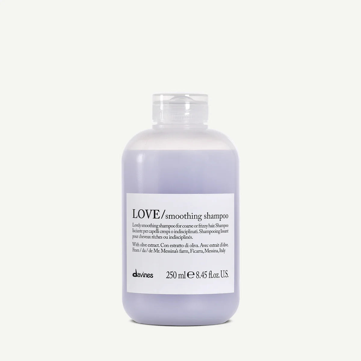 Davines LOVE Smoothing Shampoo, 250ml bottle, ideal for coarse or frizzy hair, enriched with olive extract.