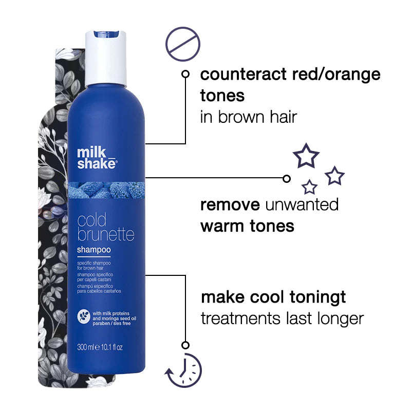 Milk Shake Cold Brunette Shampoo bottle, 300ml, designed to counteract red/orange tones in brown hair, remove unwanted warm tones, and make cool toning treatments last longer.