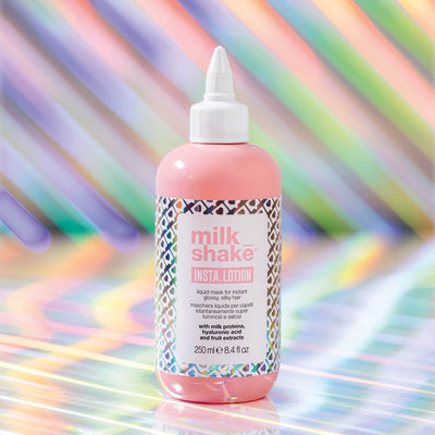 Milk Shake Insta.Lotion bottle, 250ml, with a vibrant, multicolored background. The lotion is designed for hair care, providing smoothness and hydration.