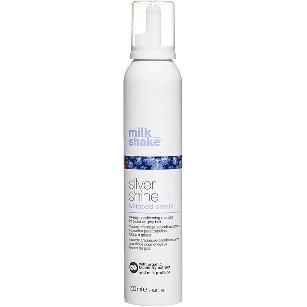 Milk_Shake Silver Shine Whipped Cream - A 200ml leave-in conditioning mousse designed for blonde and grey hair, with organic blueberry extract and milk proteins for added nourishment.