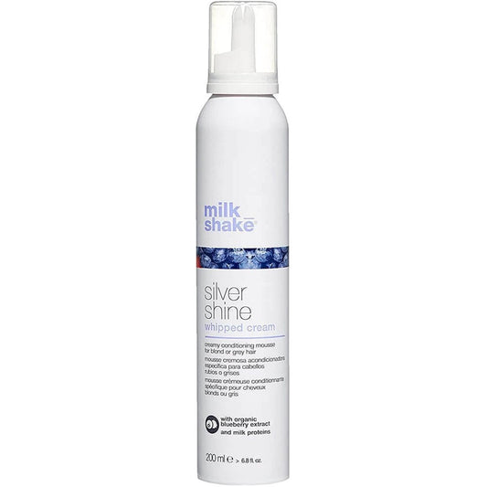 Milk_Shake Silver Shine Whipped Cream - A 200ml leave-in conditioning mousse designed for blonde and grey hair, with organic blueberry extract and milk proteins for added nourishment.