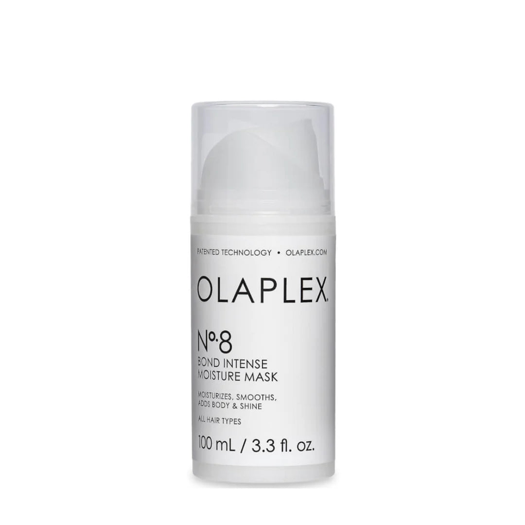 Olaplex No. 8 Bond Intense Moisture Mask, a 100ml bottle designed to moisturize, smooth, and add body and shine to all hair types.